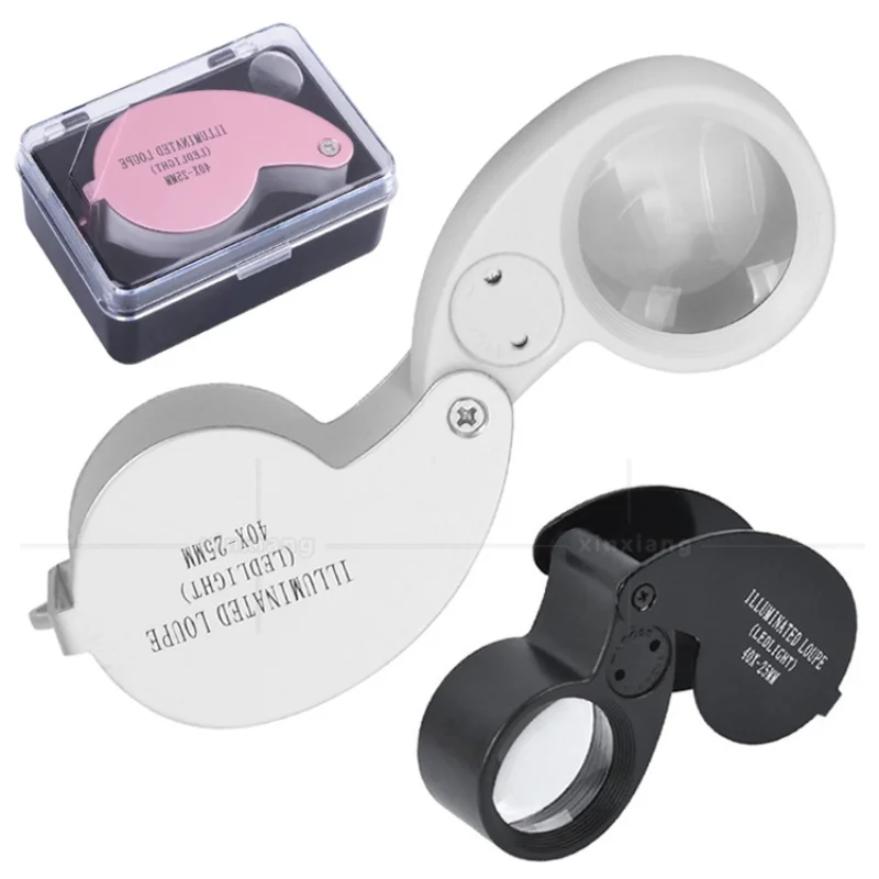 

40X MINI Jewelry Magnifying Glass 2 LED Foldable Magnifier Lens Diameter 25mm Pocket Illuminated Loupe for Jade Appreciation