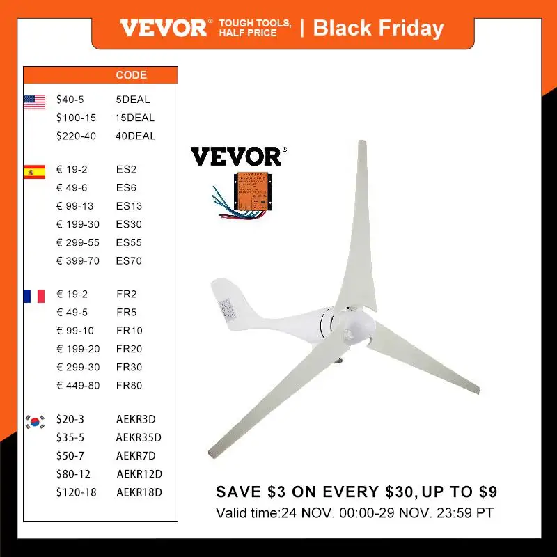 VEVOR Wind Turbine Generator 400W 3 Blades With Charge Controller Windmill RV Yacht Farm Small Wind Generator Home Use Portable