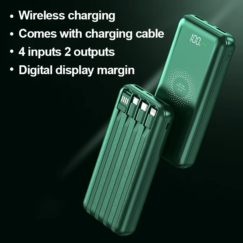 Wireless Fast Charging Power Bank Portable 30000mAh Charger Digital Display External Battery Built-in 4 cables for iPhone Xiaomi