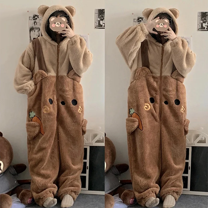 Bear Onesie Women's Plush Anime Cosplay Costumes Winter Flannel Animal Pajamas Long-Sleeve Sleepwear Cartoon Overall Homewear