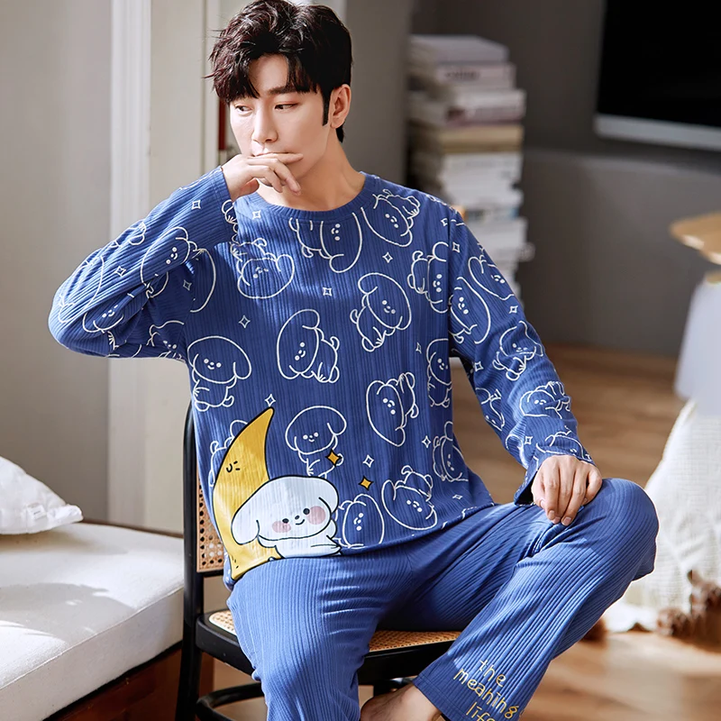 2022 Autumn Casual Cotton Pajama Sets for Men Long Sleeve Long Pants Sleepwear Pyjama Male Homewear Lounge Wear Clothes Freeship