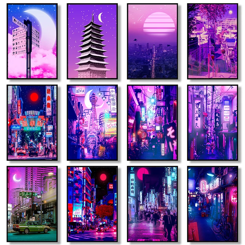 Настенный неоновый постер в виде ночного города стиле 80-х годов городская