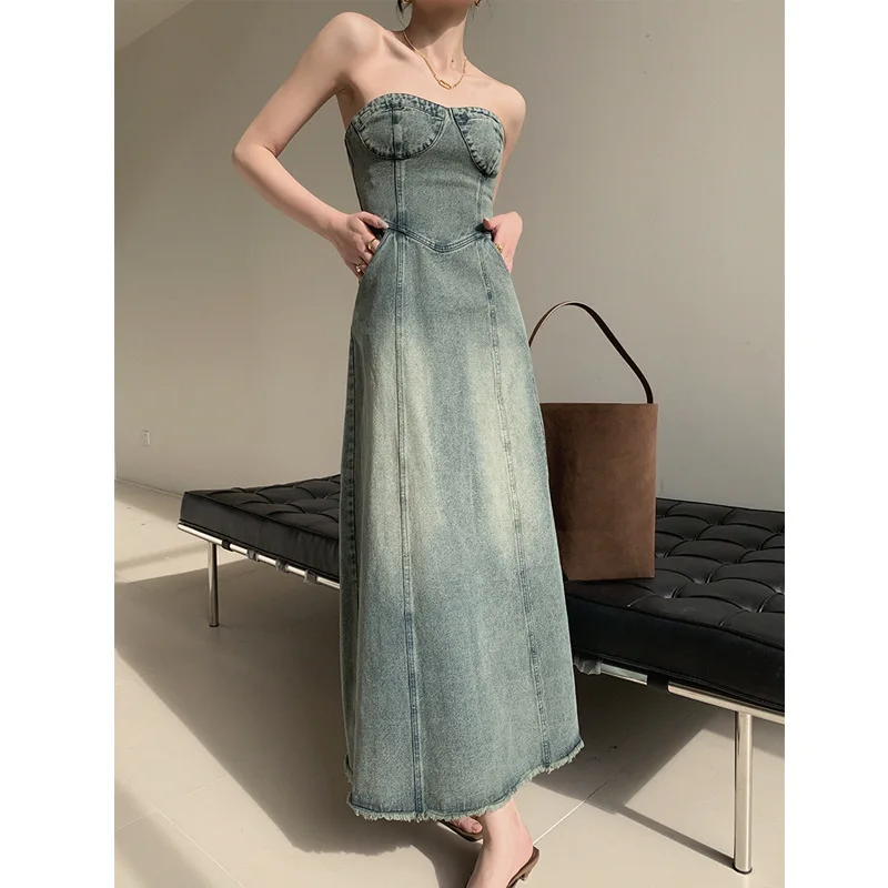 

Женское джинсовое платье без бретелек, синее облегающее ТРАПЕЦИЕВИДНОЕ длинное платье из денима в стиле ретро, весна-лето 2023