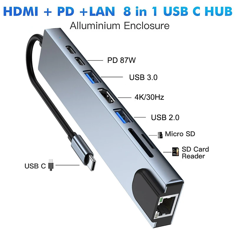 

Разветвитель USB Type-C с HDMI-выходом, USB 3,0, кардридер для SD/TF-карт, PD, зарядный порт, совместимый с Macbook Air