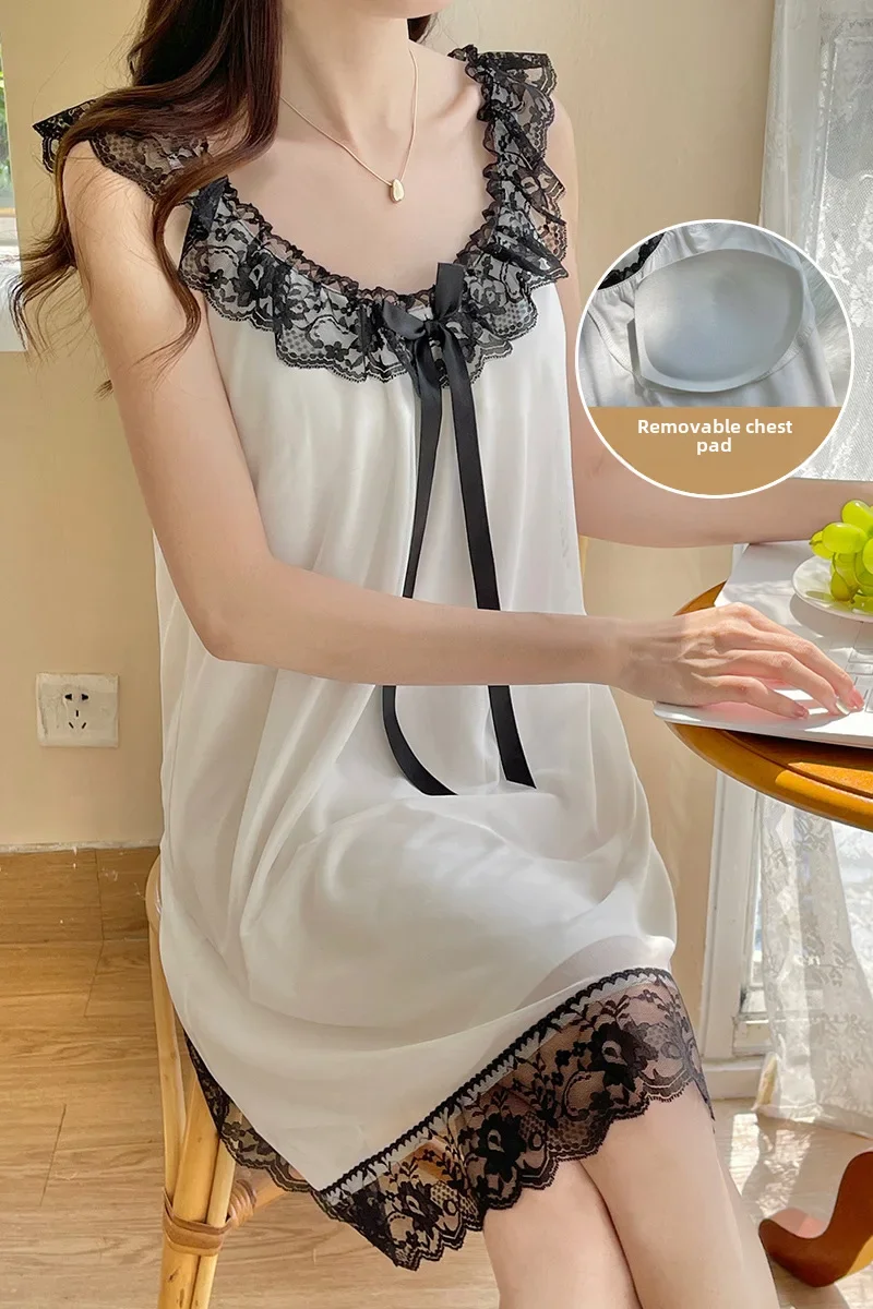 Пижама женская кружевная без рукавов пикантная ночная рубашка из чистого хлопка