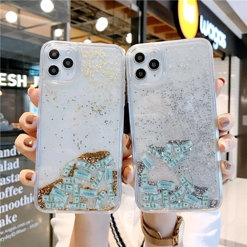 Фото Чехол Dollar Quicksand для iPhone 16, 14, 15, Pro Max, чехол для телефона, блестящий движущийся песок, золотые, серебряные фигурки, ракушка, жидкий корпус №2