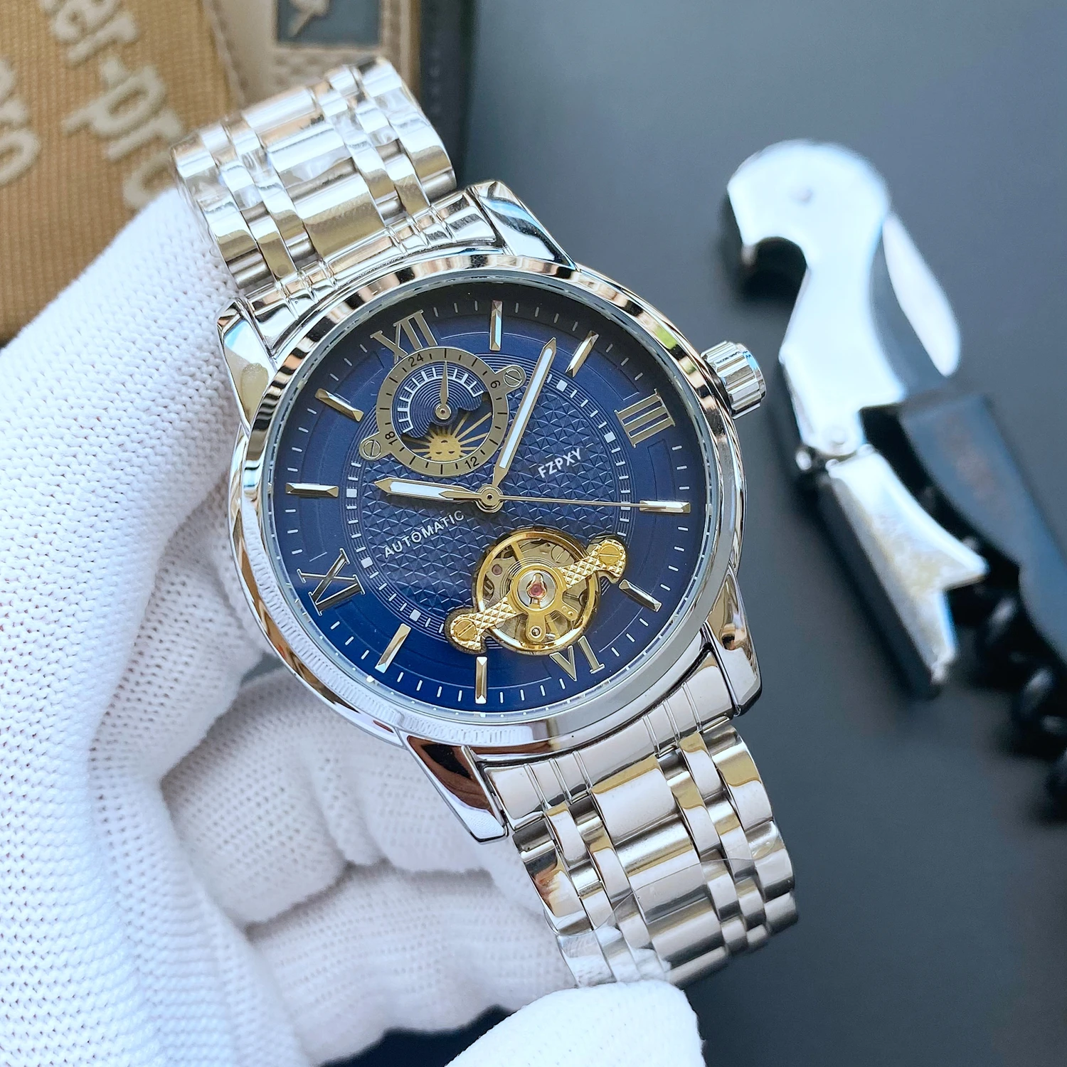 

LOS05 Automatic Mechanical Men Watches Relogio Masculino Waterproof Calendar Moon Leather Wristwatch AAA