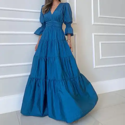 Spring Elegant V Neck Draped Evening Dress Women Sexy Solid Hem Boho Maxi Dress Summer 3/4 Lantern Sleeve High Waist Long Dress
