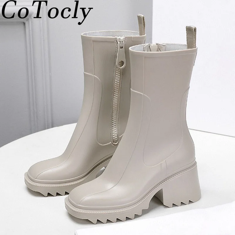 

Hot Sale Square Heels Rain Shoes Women Square Toe Short Boots Woman Chunky Heels Shoes Women Rubber Waterproof Rain Boots Women