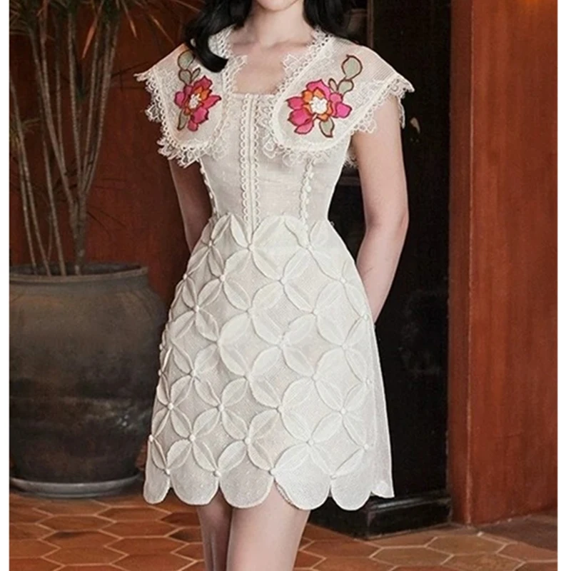 

Женское кружевное платье с завышенной талией, винтажное ажурное платье мини вечерние рукавов с цветочным узором и крючком, Новинка лета 2022