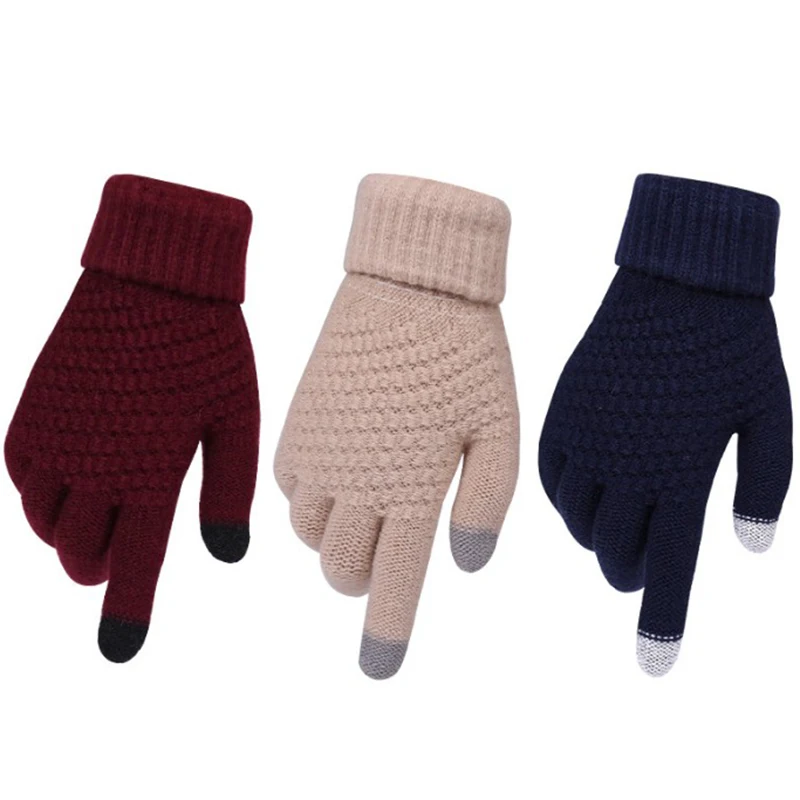 

Winter Touch Screen Gloves Men Women Warm Stretch Crochet Knitted Solid Color Full Finger Gloves Imitation Wool Mittens Thicken