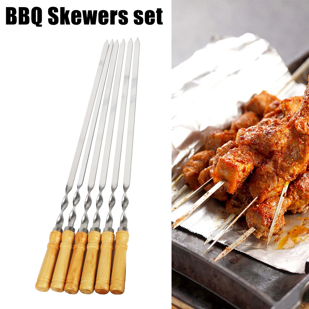 

55cm 21.65" Long Handle Shish Kebab BBQ Skewers Barbecue Grill Stick Wood BBQ Fork Stainless steel Outdoors Grill Needle