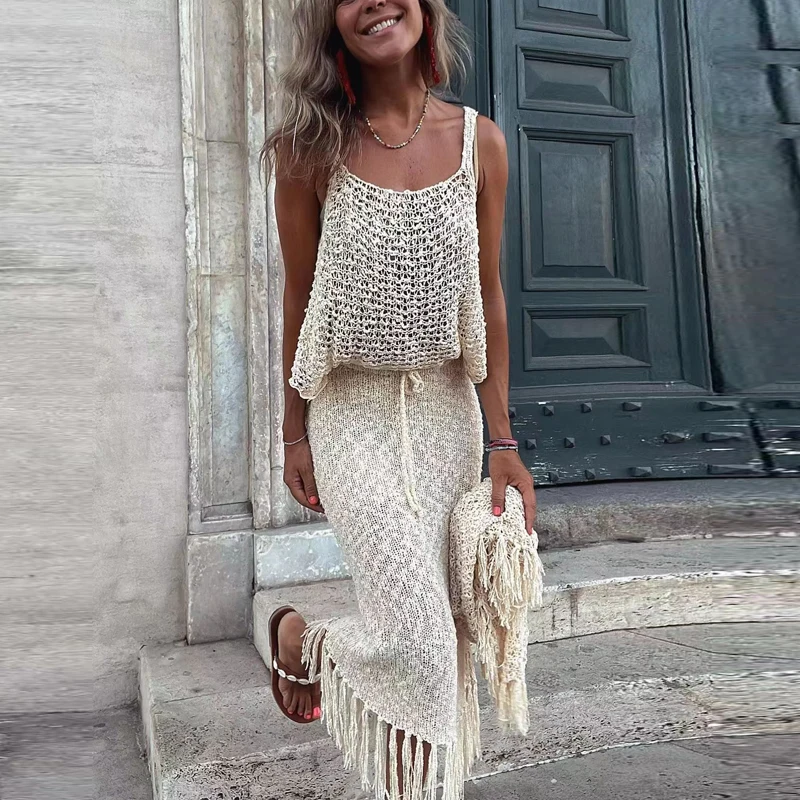 

Women's Fashion Hollow Knitted Outfit Casual Holiday Two Piece Sets Summer Sexy O-neck Strap Top with Tassel Long Skirt Suits