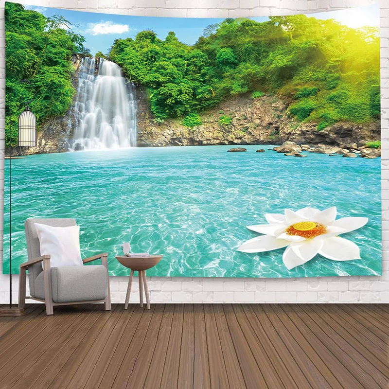 

Ocean Waterfall Tapestry Landscape Forest Lotus Cloth Wall Hanging Carpet Beach Bedroom Home Decor Background Aesthetic Gift