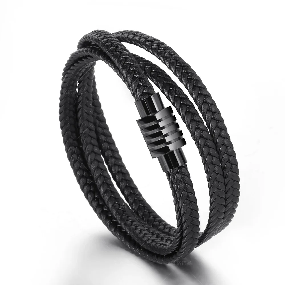 

Men's And Women's Authentic Leather Weave Bracelet Bangle Multi-Strand Woven Double-Layer Cowhide Titanium Steel