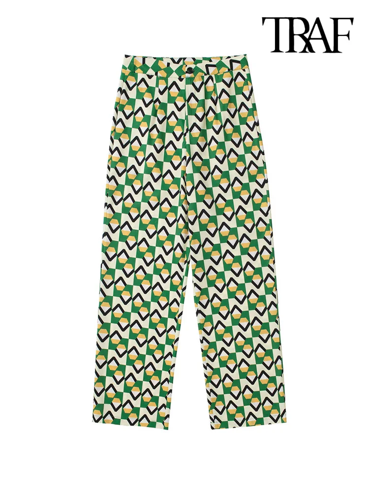 

Брюки TRAF женские с геометрическим принтом, Модные Винтажные штаны на молнии с завышенной талией