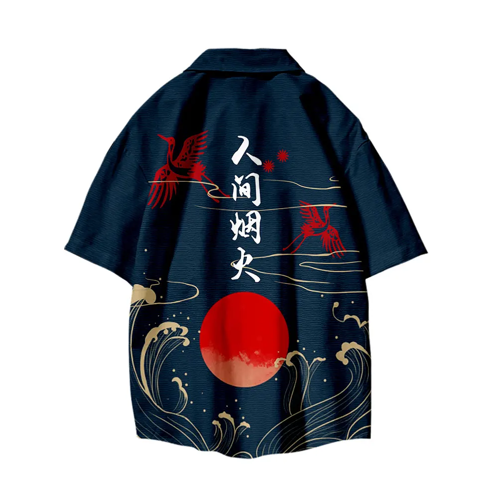 2022 Summer New Men's Clothing Japanese Style Crane Skeleton Print Shirts Short Sleeve Beach Hawaii Street Fashion Shirts Tops