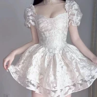 square neck puff sleeve dress female summer high waist a line skirt fairy tale cute princess puffy skirt girl kawaii dress