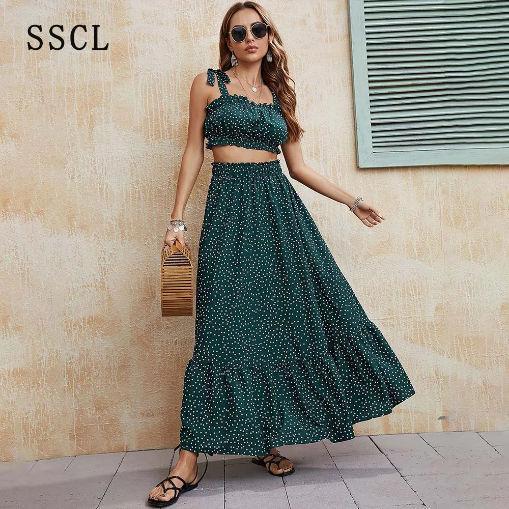 

Женский летний повседневный комплект из юбки с цветочным принтом SSCL, пикантные топы без рукавов на бретельках и эластичная юбка макси с высокой талией, костюмы из двух предметов