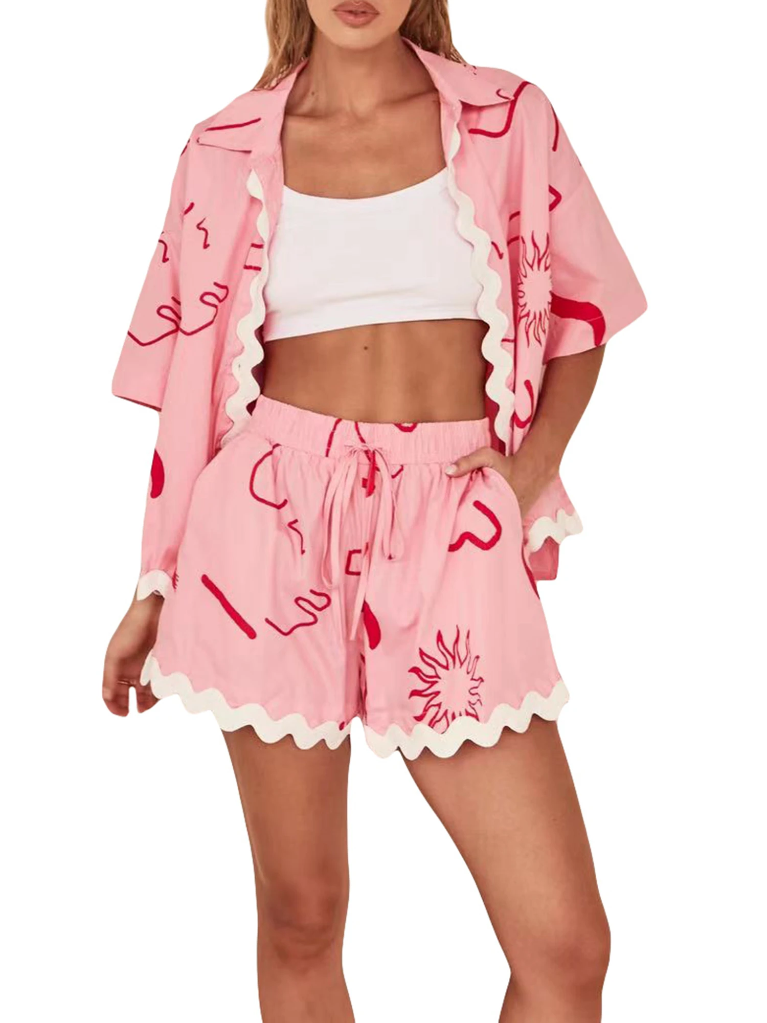 Женский летний комплект для отдыха модная футболка с коротким рукавом отворотом