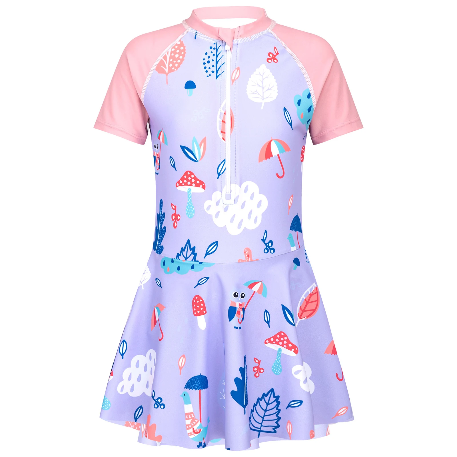 

Kids Girls Swimsuit Vibrant Cartoon Plants Animals Print Swimming Dress Short Sleeve Front Zip Cute Bathing Dress Swimwear