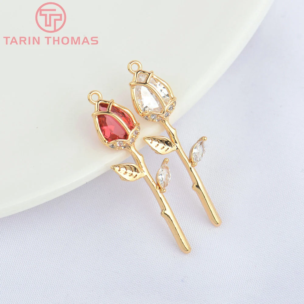 Латунные подвески с фианитами в виде Розы, 4 шт., 9 х29 мм, 24 кар, цвет золото, фурнитура для изготовления ювелирных изделий своими руками, оптовая продажа, (4819)