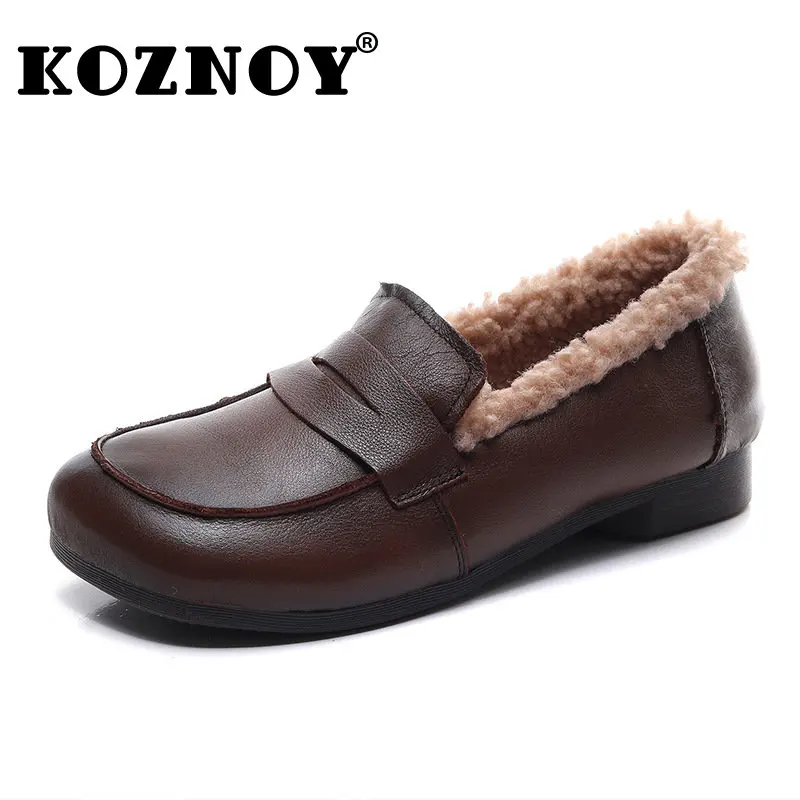 

Koznoy 2cm Ethnic Natural Cow Genuine Leather Autumn Winter Women Soft Soled Flats Females Loafers Slip on Plush Warm Fur Shoes