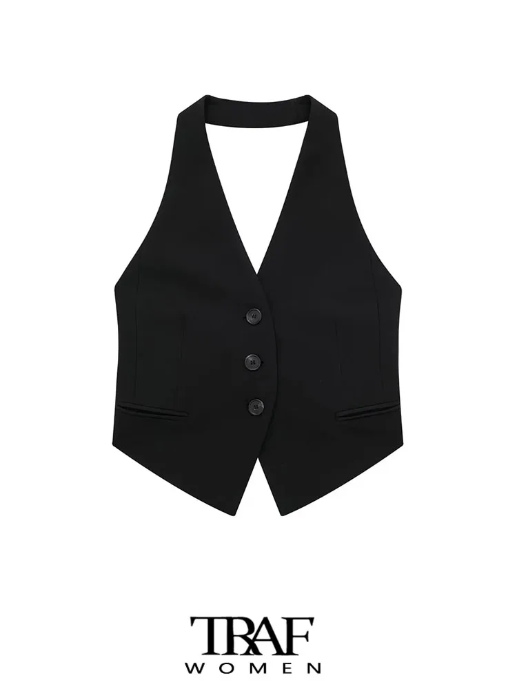 

TRAF Women Fashion Backless Halter Neck Waistcoat Sexy Sleeveless Button-up Female Outerwear Chic Vest Tops