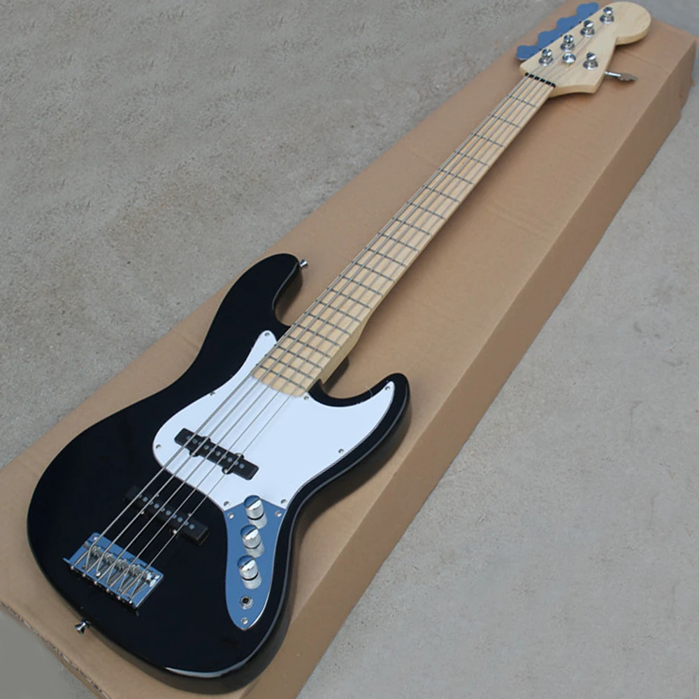 

5 Strings Black Electric Bass Guitar with White Pickguard Maple Fingerboard Customizable