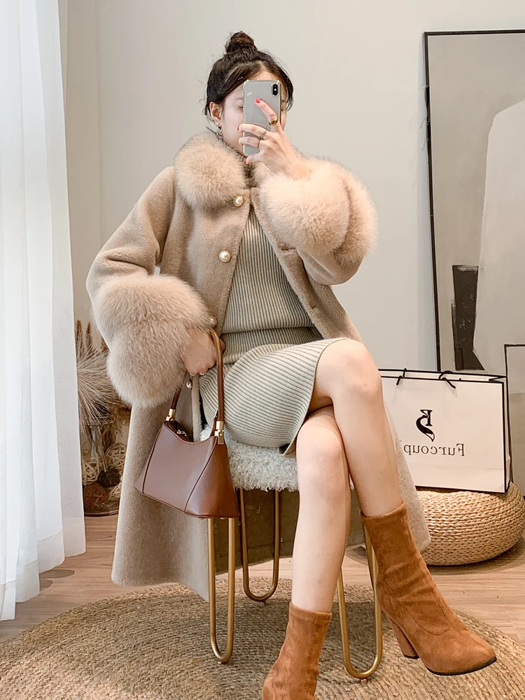 FURYOUME Winter Women Real Fur Coat Long Casual Jacket Sheep Shearing Wool Blends Fox Fur Collar Streetwear Thick Warm Outerwear