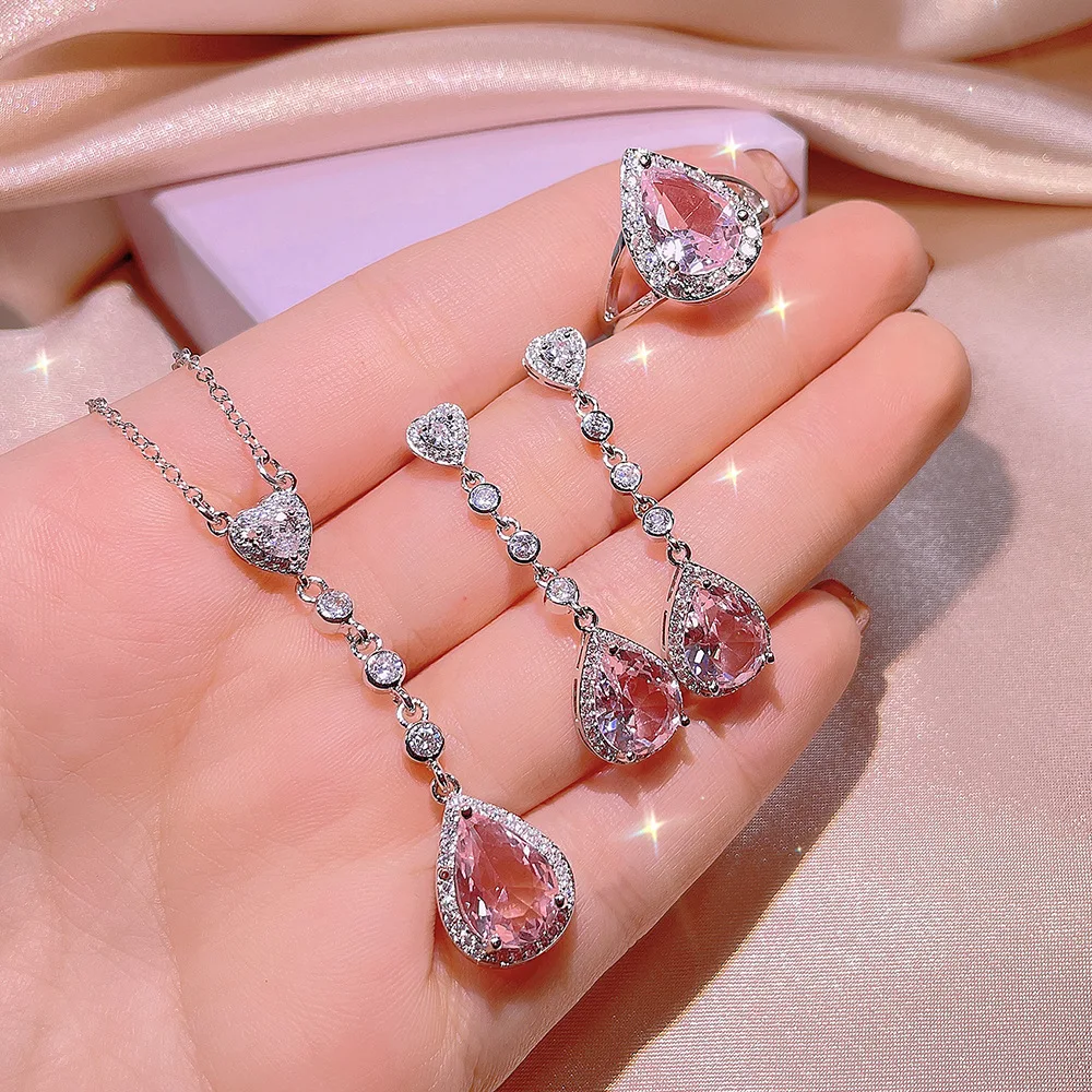 

Women's Fashion Jewelry Pink White Oval Zircon Necklace Earring Ring Set Retro 925 Silver Style Buchian Craftsmanship