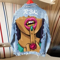 retro high street personality print 2022 womens designer denim jacket loose print single breasted lapel female jacket coats