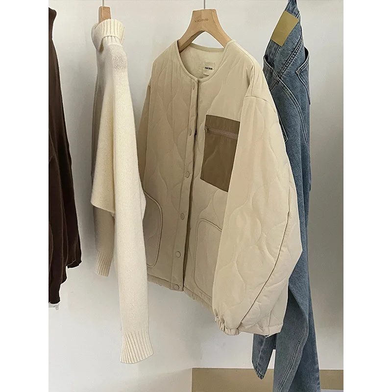 Bump Color Gourd Grain Cotton Women 2022 Autumn Winter New Round Neck Single Breasted Windproof Cotton Jacket