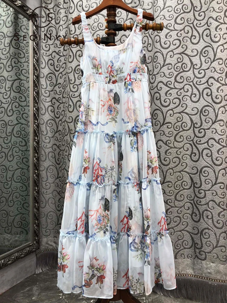 

SEQINYY Light Blue Dress Summer Spring New Fashion Design Women Runway High Street Vintage Flower Ocean Print Chiffon Strapless