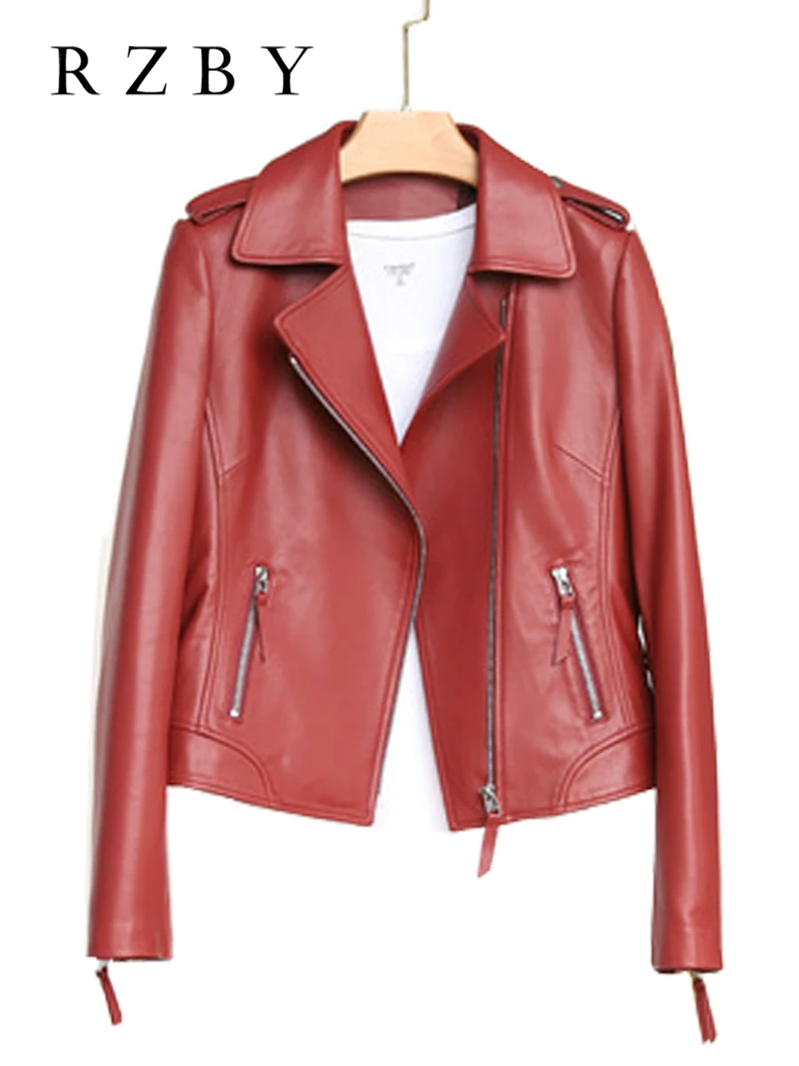 Genuine Leather Jacket Women Red Jaqueta Couro Feminina Moto Biker 100% Sheepskin Coat Fashion Chaqueta De Cuero Mujer RZBY2159