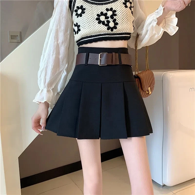 Black A line pleated skirt with belt girls outwear summer cool kilt 2023 top quality women's gray skirts high waisted
