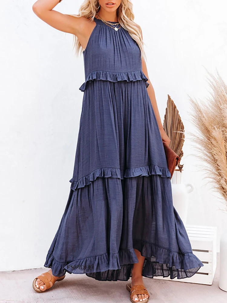 

Simple Sleeveless Loose Layered Dress Women Summer Casual Vacation Long Maxi Dress 2022 Fashion Ruffled Pleated A-Line Dress