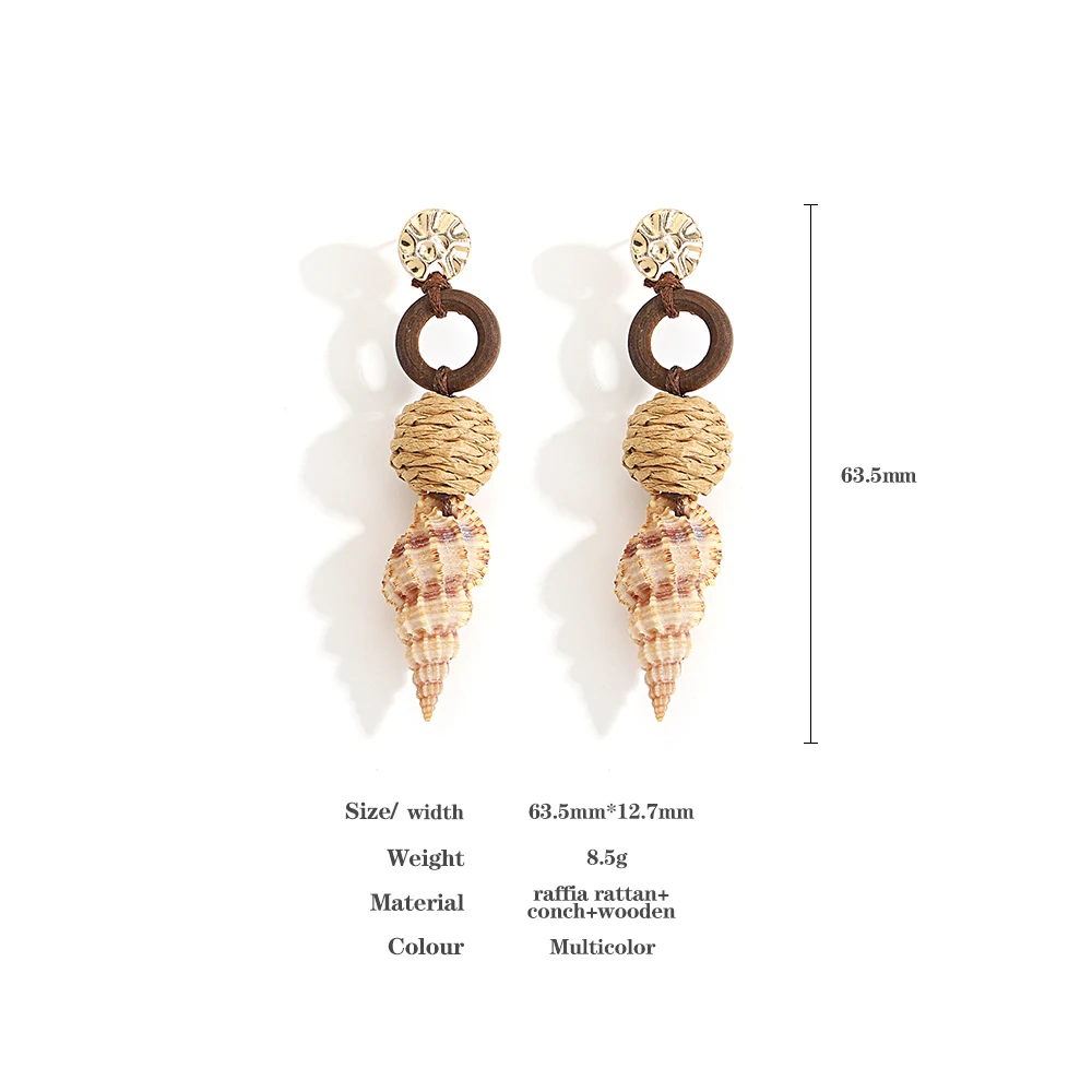 AENSOA Handmade Wood Rattan Conch Shell Drop Earrings for Women Bohemia Natural Conch Pendientes Hanging Earrings Boho Jewelry images - 6