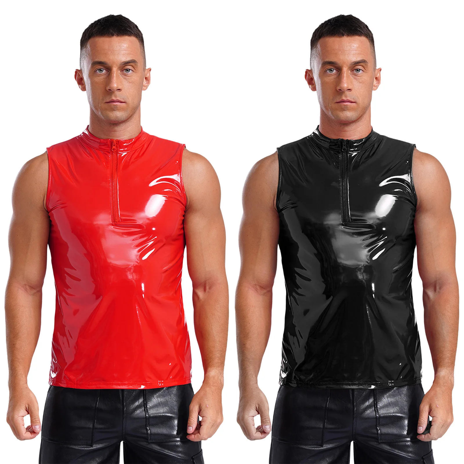Мужская глянцевая майка из искусственной кожи с мокрым эффектом без рукавов и