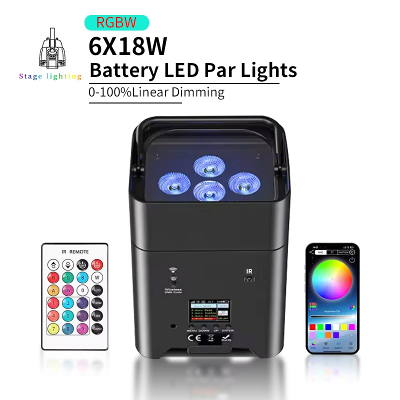 Фото 6x18 Вт Аккумулятор Par Light RGBWA UV 6IN1 Светодиодный беспроводной DMX с приложением для телефона iOS и Android с дистанционным управлением для вечеринки, свадьбы, сценического освещения №1