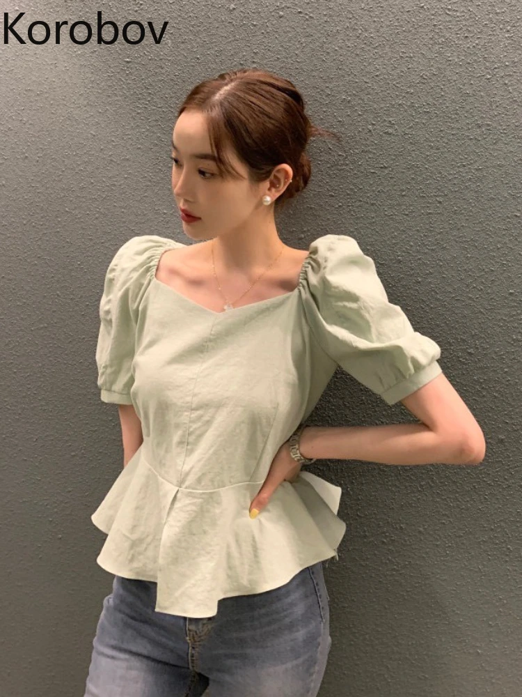 

Korobov French Fashion Blusas Vintage Age Reduction Thin Shirt Puff Sleeves Temperament Square Collar Ruffles Roupas Femininas