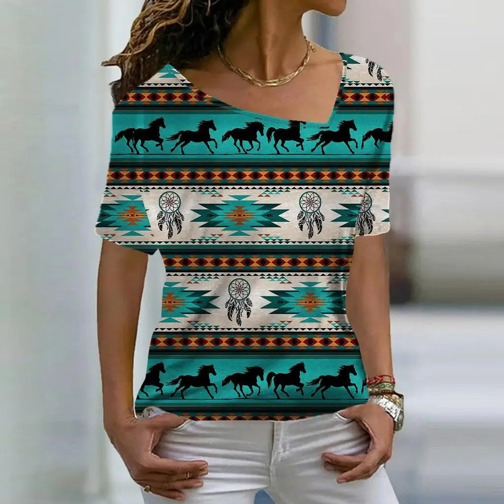

Футболка женская с V-образным вырезом, модный свободный этнический пуловер с коротким рукавом, в уличном стиле, лето