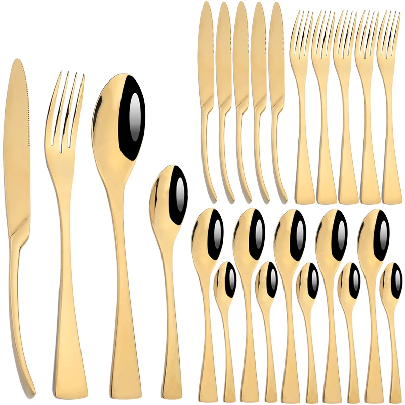 

24Pcs/1set Cutlery Set Stainless Steel Tableware Set Knife Fork Spoon Silverware Mirror Dinnerware Kitchen Dinner Flatware Set