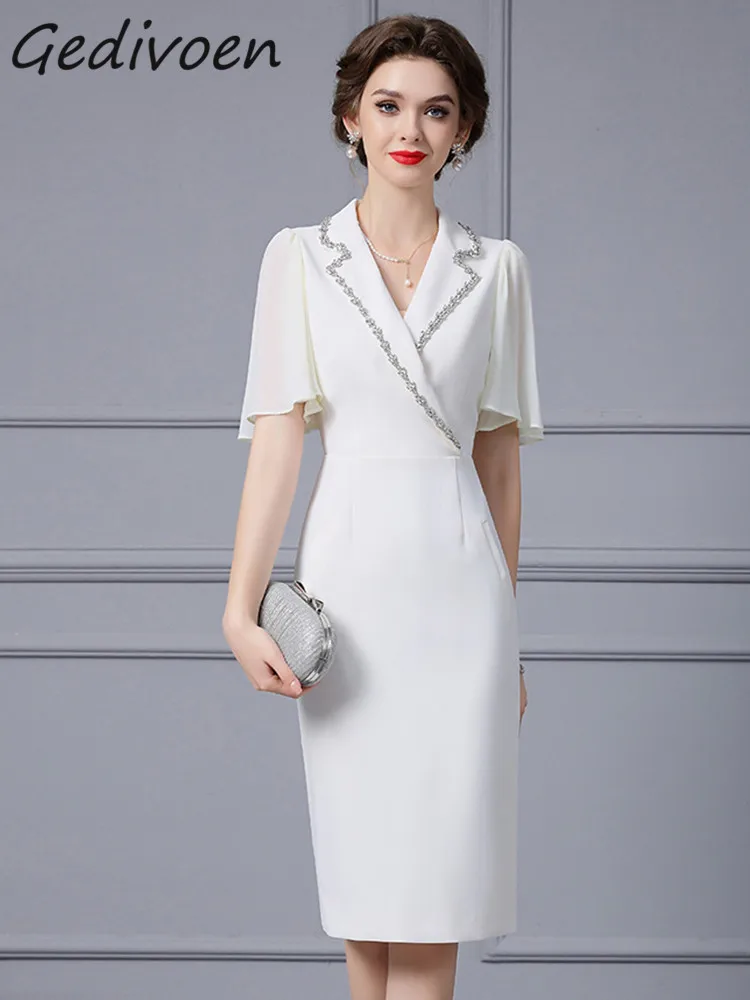 Gedivoen Summer Fashion Designer Elegant White Dress Women's Turn-Down Collar Diamond High Waist Package Buttock Slit Midi Dress