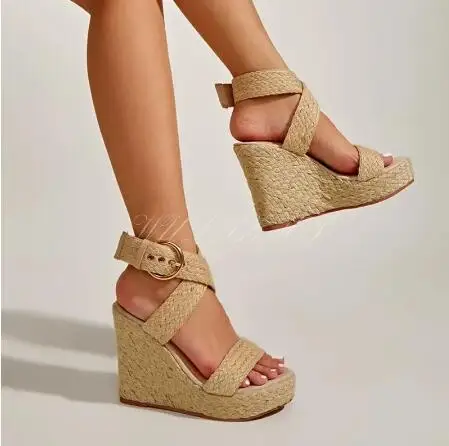 

Сандалии Женские однотонные из плетеной соломы, босоножки на танкетке с открытым носком, с перекрестными ремешками и пряжкой, с вырезами, гладиаторы, для отдыха, абрикосового цвета