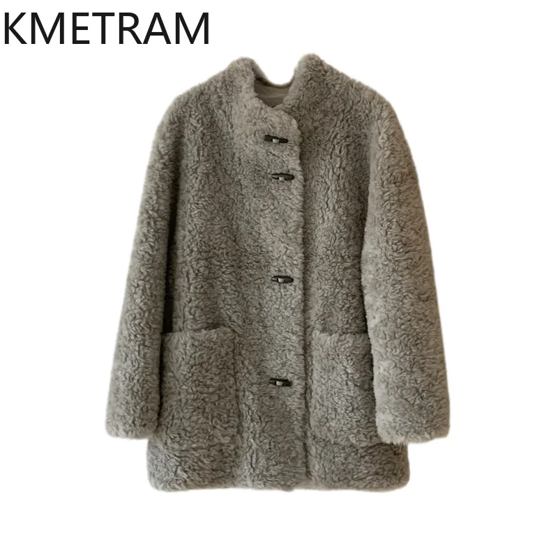 Фото Пальто KMETRAM из 100% шерсти, с воротником-стойкой, средней длины, из овчины, 80 см, свободного кроя, зимняя верхняя одежда, женская одежда 2026, куртка №5