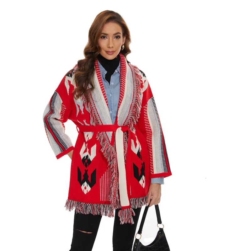 

Jastie, шикарный жаккардовый свитер в ретро-этническом стиле, пальто, классический красный шерстяной вязаный кардиган средней длины, женская зимняя куртка, верхняя одежда