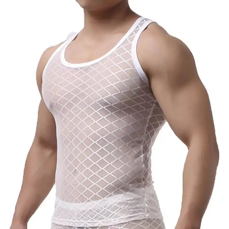 Men's Diamond Mesh Sexy See-through Vest Long-sleeved Short-sleeved Short Top Breathable And Comfortable Trousers Combination