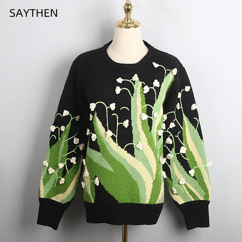 SAYTHEN Female Fall Winter Heavy Art Retro Black Three-Dimensional Green Leaf Flowers Sweet Leisure Pullover Thickening Sweater