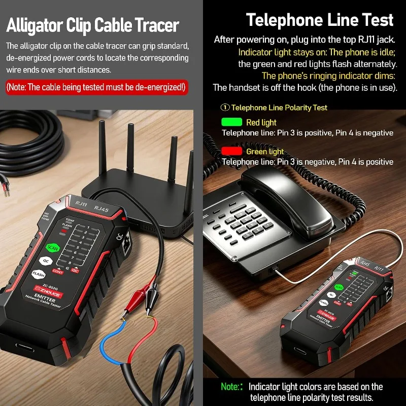 Фото Тестер кабелей Ethernet ZC-802G с генератором тонов, RJ45, RJ11, PoE, Cat5, Cat6 для проверки сетевых и телефонных линий №3
